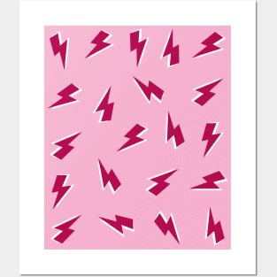 Burgundy and White Lightning Bolts Pattern on Pink Posters and Art